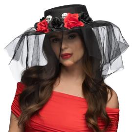 Svart Hatt med Hodeskaller, Blomster & Slør