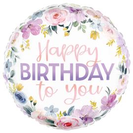 Happy Birthday Rund Blomstrete Folieballong