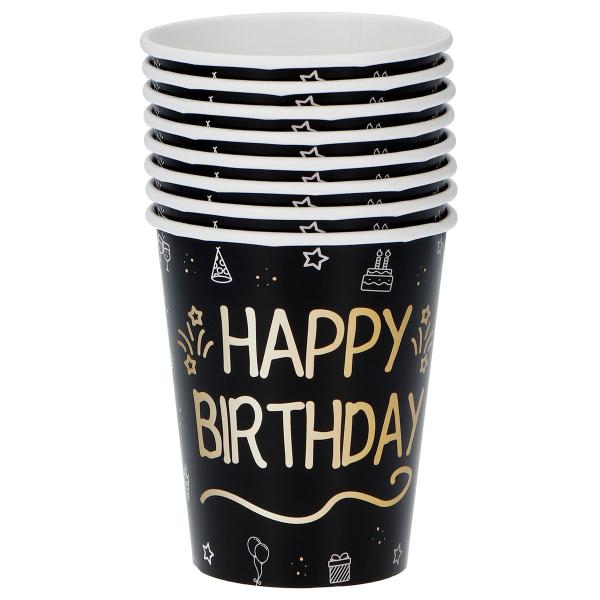 Pappkopper Happy Birthday Svart 8-pakning