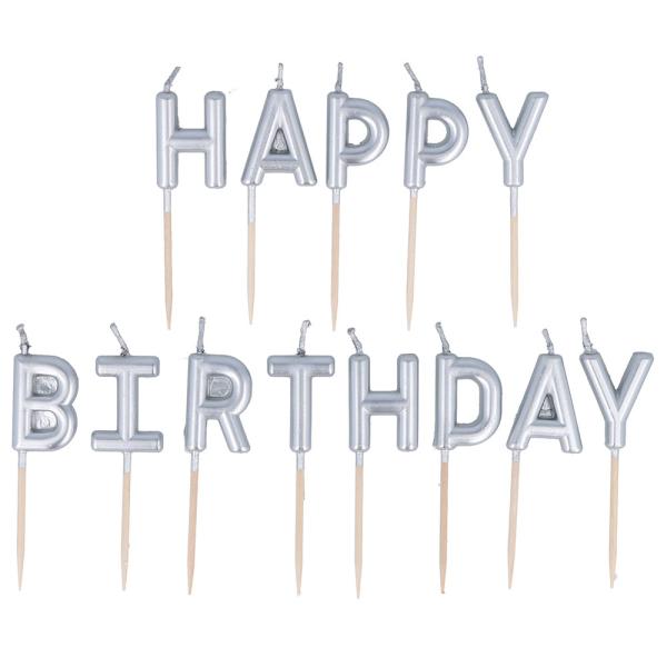 Bokstavlys Happy Birthday Sølv