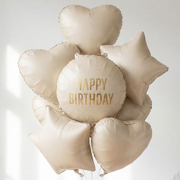 Rund Folieballong Happy Birthday Krem 35 cm