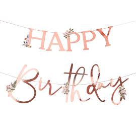 Girlander Happy Birthday Rosegull med Blomster