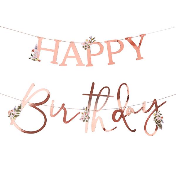 Girlander Happy Birthday Rosegull med Blomster