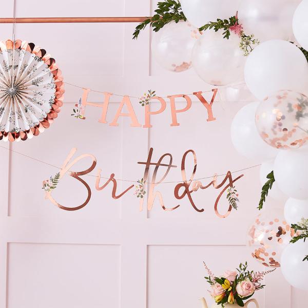 Girlander Happy Birthday Rosegull med Blomster