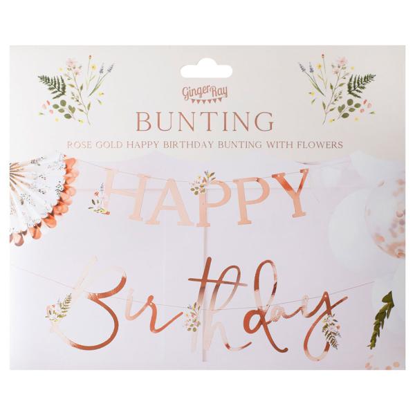 Girlander Happy Birthday Rosegull med Blomster