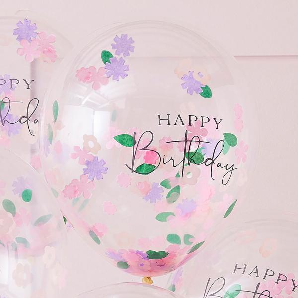 Konfettiballong Blomster Happy Birthday 5-pakning