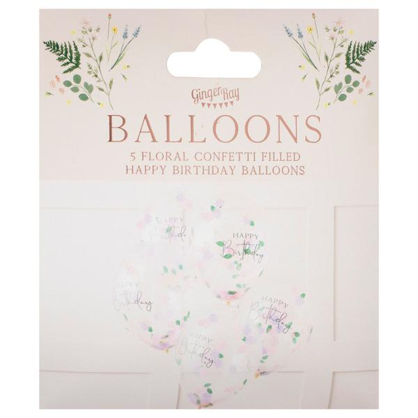 Konfettiballong Blomster Happy Birthday 5-pakning