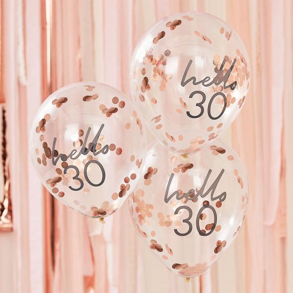 Konfettiballong Rosegull Hello 30 5-pakning