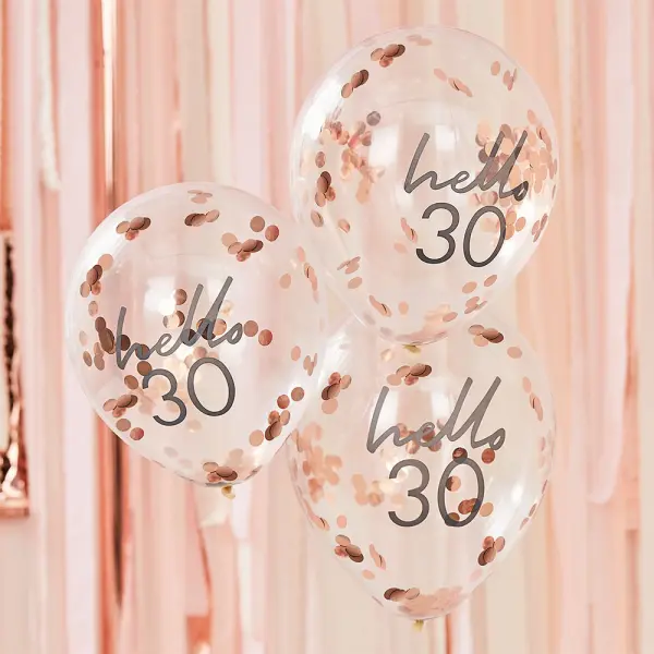 Konfettiballong Rosegull Hello 30 5-pakning