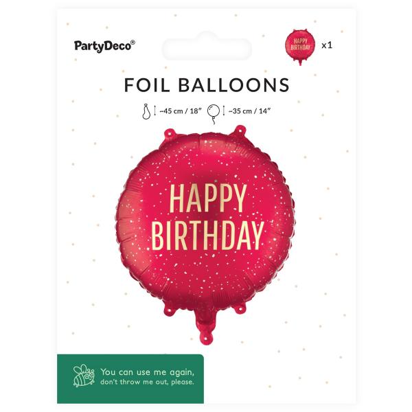 Rund Folieballong Happy Birthday Mørkerød 35 cm
