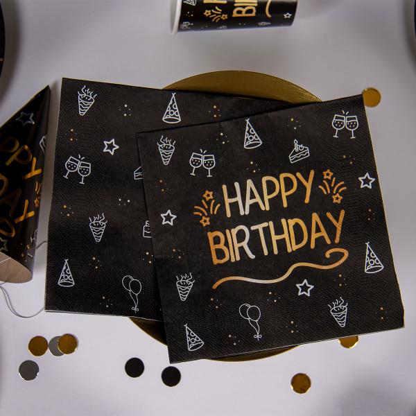 Papirservietter Happy Birthday Svart 16-pakning