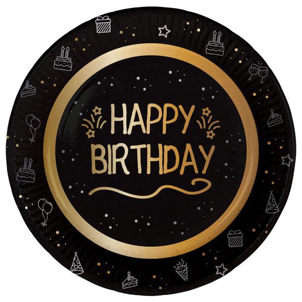 Papptallerkener Happy Birthday Svart 8-pakning