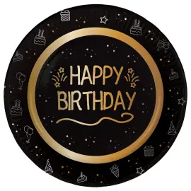 Papptallerkener Happy Birthday Svart 8-pakning