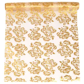 Hvitt Organzastoff med Gull & S&oslash;lv Motiv