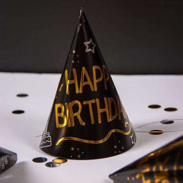 Happy Birthday Festhatter Svart 6-pakning