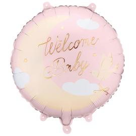 Folieballong Welcome Baby Lysrosa Rund 35 cm