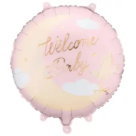 Folieballong Welcome Baby Lysrosa Rund 35 cm