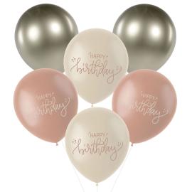 Latexballonger Happy Birthday Kremrosa/Olivengrønn/Kremhvit 6-pakning