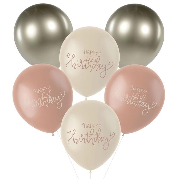 Latexballonger Happy Birthday Kremrosa/Olivengrønn/Kremhvit 6-pakning