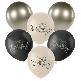 Latexballonger Happy Birthday Svart/Olivengrønn/Kremhvit 6-pakning