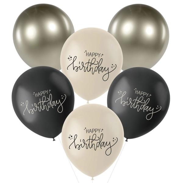 Latexballonger Happy Birthday Svart/Olivengrønn/Kremhvit 6-pakning