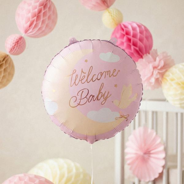 Folieballong Welcome Baby Lysrosa Rund 35 cm