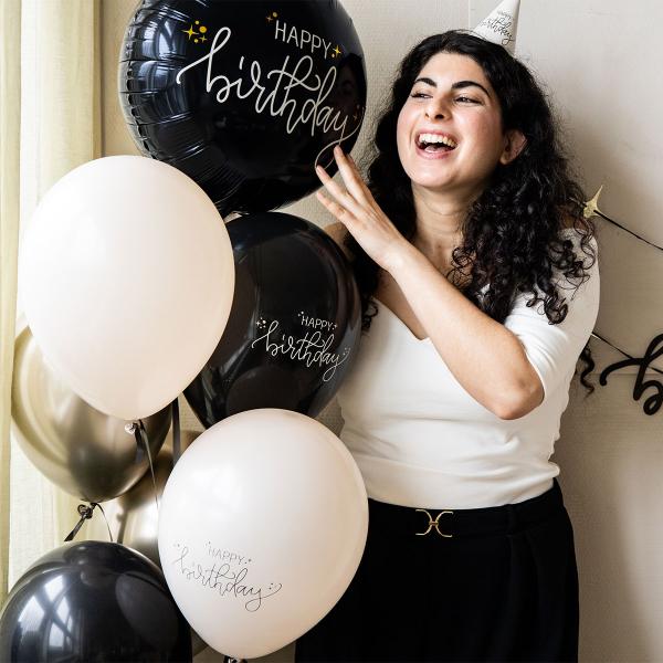 Latexballonger Happy Birthday Svart/Olivengrønn/Kremhvit 6-pakning
