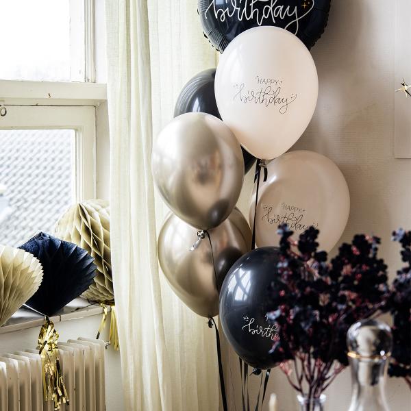 Latexballonger Happy Birthday Svart/Olivengrønn/Kremhvit 6-pakning