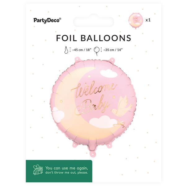Folieballong Welcome Baby Lysrosa Rund 35 cm