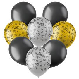 Latexballonger Happy Birthday Svart/Sølv/Gull 8-pakning