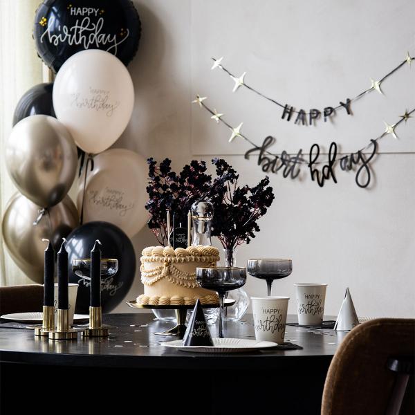 Latexballonger Happy Birthday Svart/Olivengrønn/Kremhvit 6-pakning