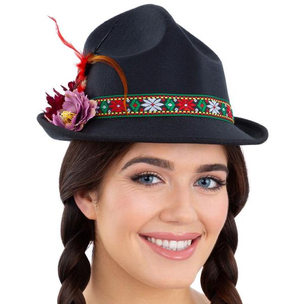 Svart Dirndl Hatt med Fjærer & Blomster