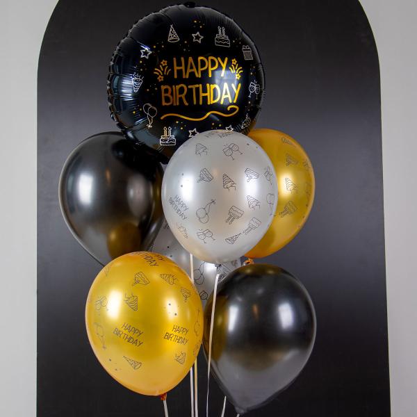 Latexballonger Happy Birthday Svart/Sølv/Gull 8-pakning
