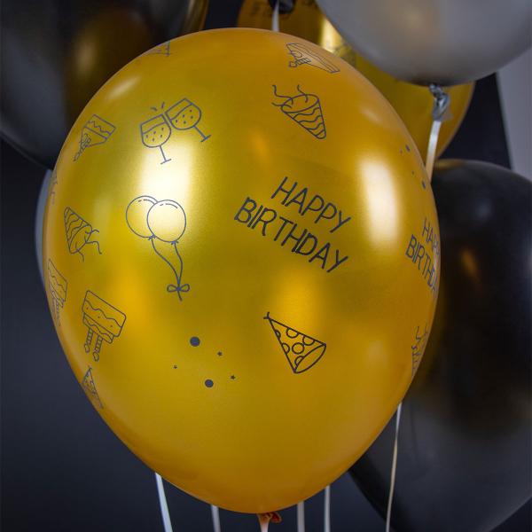 Latexballonger Happy Birthday Svart/Sølv/Gull 8-pakning
