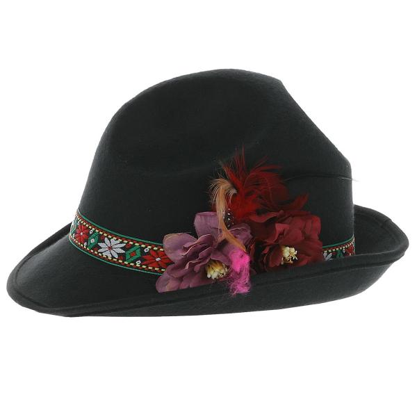 Svart Dirndl Hatt med Fjærer & Blomster