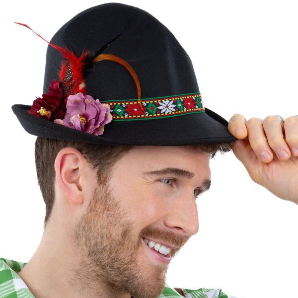 Svart Dirndl Hatt med Fjærer & Blomster