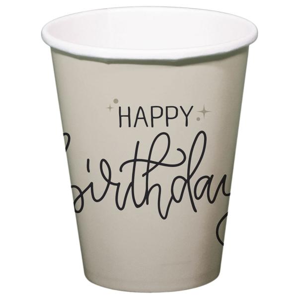Pappkopper Happy Birthday Kremhvit/Svart 8-pakning