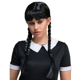 Sp&oslash;kelsesjente Svart Parykk med Fletter
