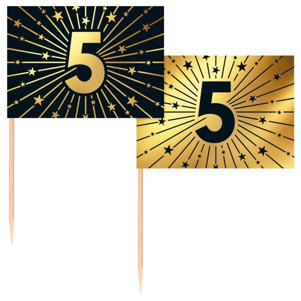 Partypicks 5 år Gull/Svart 50-pakning