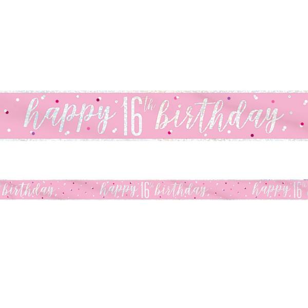 Happy 16th Birthday Banner Rosa & Sølv