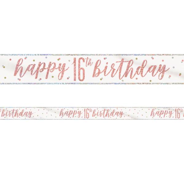 Happy 16th Birthday Banner Hvit & Rosegull