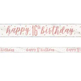 Happy 16th Birthday Banner Hvit & Rosegull