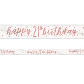 Happy 21th Birthday Banner Hvit & Rosegull