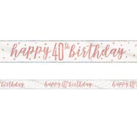 Happy 40th Birthday Banner Hvit & Rosegull