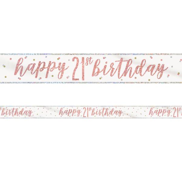 Happy 21th Birthday Banner Hvit & Rosegull