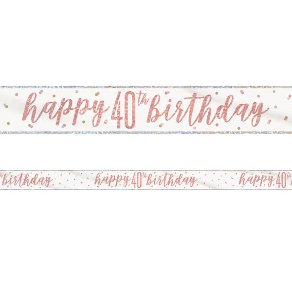 Happy 40th Birthday Banner Hvit & Rosegull
