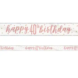 Happy 40th Birthday Banner Hvit & Rosegull