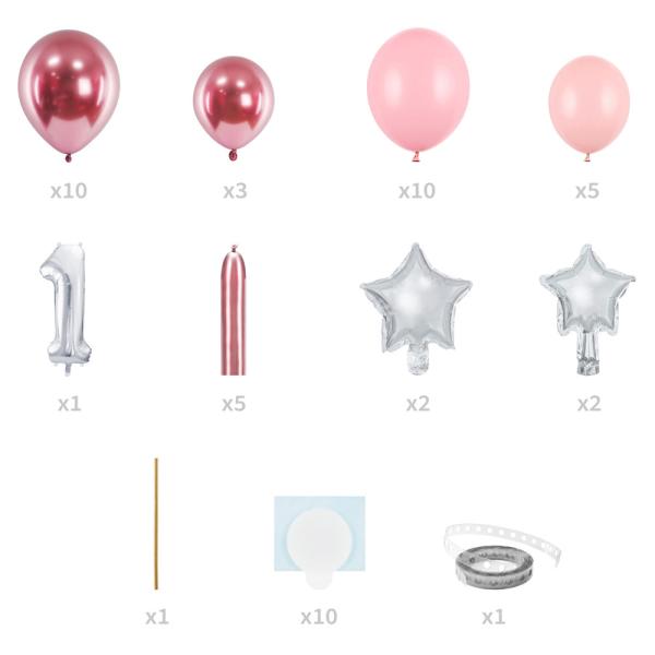 1-års Ballongbukett Sølv & Rosa
