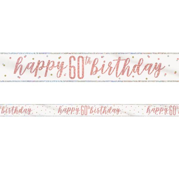 Happy 60th Birthday Banner Hvit & Rosegull