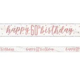 Happy 60th Birthday Banner Hvit & Rosegull